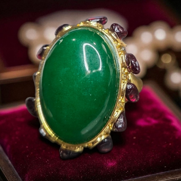 Oversized 18k Gold Plated Jade & Garnet Stone Ring - Picture 1 of 5